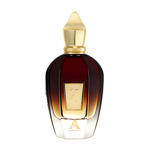 Xerjoff Alexandria II EDP 100ml bottle with a rich, elegant background, highlighting oud and rose notes.