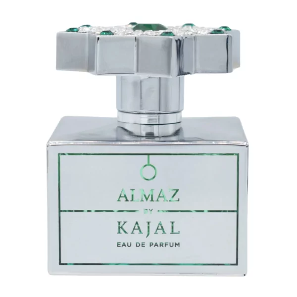 Kajal Almaz EDP 100ml bottle with a radiant background, highlighting raspberry and heliotrope notes.