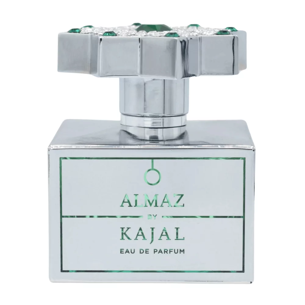 Kajal Almaz Edp 100Ml Bottle With A Radiant Background, Highlighting Raspberry And Heliotrope Notes.