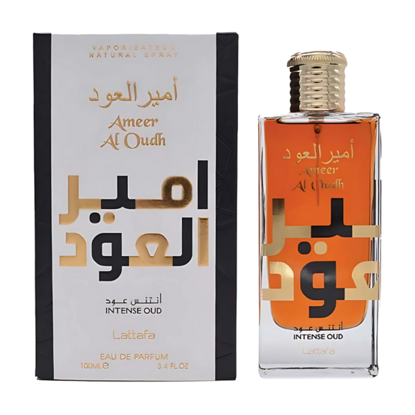 Lattafa Ameer Al Oudh Intense Oud EDP 100ml bottle with a rich, luxurious background, highlighting oud and vanilla notes.