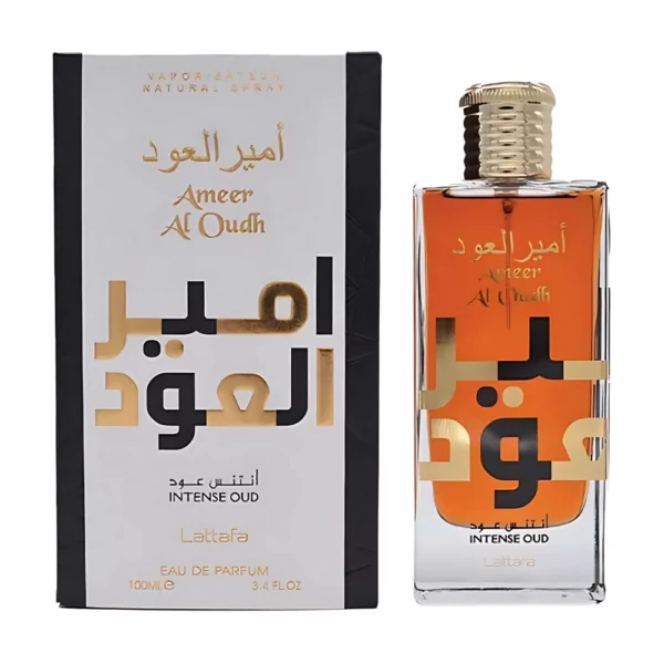 Lattafa Ameer Al Oudh Intense Oud EDP 100ml bottle with a rich, luxurious background, highlighting oud and vanilla notes.