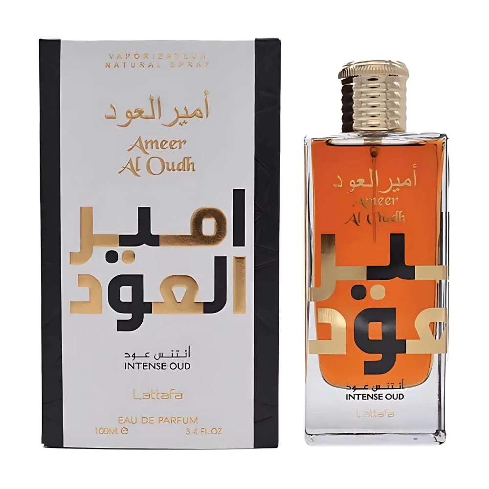 Lattafa Ameer Al Oudh Intense Oud Edp 100Ml Bottle With A Rich, Luxurious Background, Highlighting Oud And Vanilla Notes.