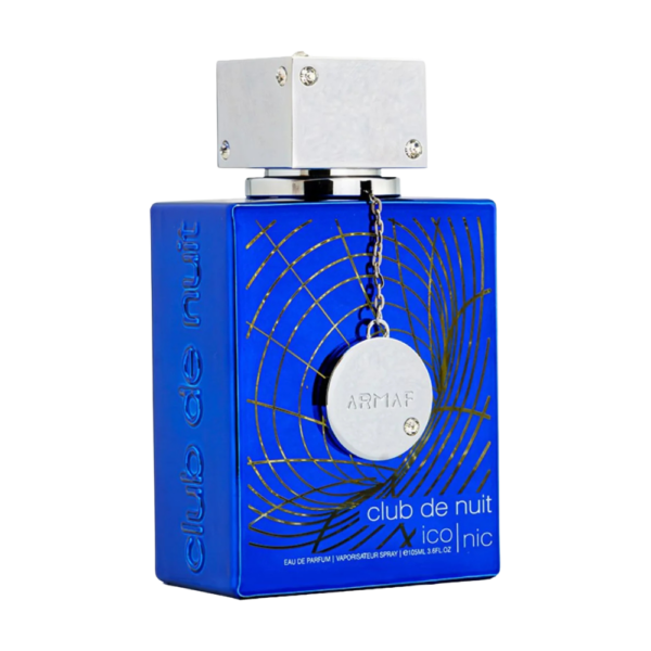 Armaf Club de Nuit Blue Iconic EDP 105ml bottle on a sleek background, showcasing notes of grapefruit, nutmeg, and amber.