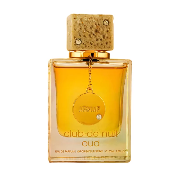 Armaf Club de Nuit Oud EDP 105ml bottle on a luxurious background, highlighting notes of jasmine, Cambodian oud, and amber.