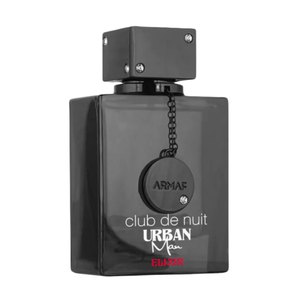 Armaf Club De Nuit Urban Elixir EDP 105ml bottle on a bold, vibrant background, showcasing notes of jasmine, amber, and patchouli.