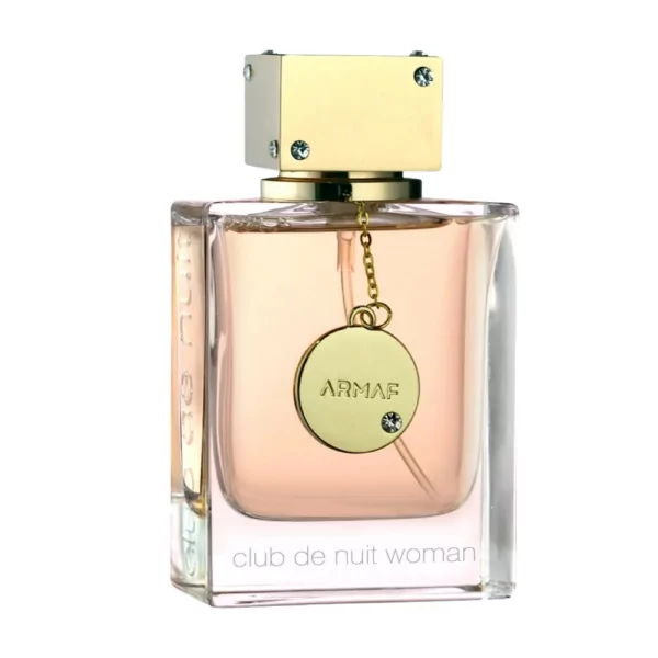 Armaf Club de Nuit Woman EDP 100ml bottle on a stylish background, highlighting notes of rose, patchouli, and vanilla.