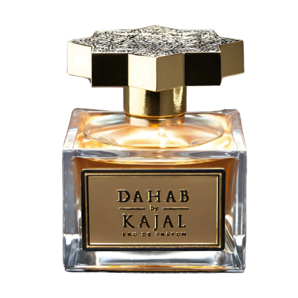 Kajal Dahab EDP 100ml bottle with a golden background, highlighting apple and amber notes.