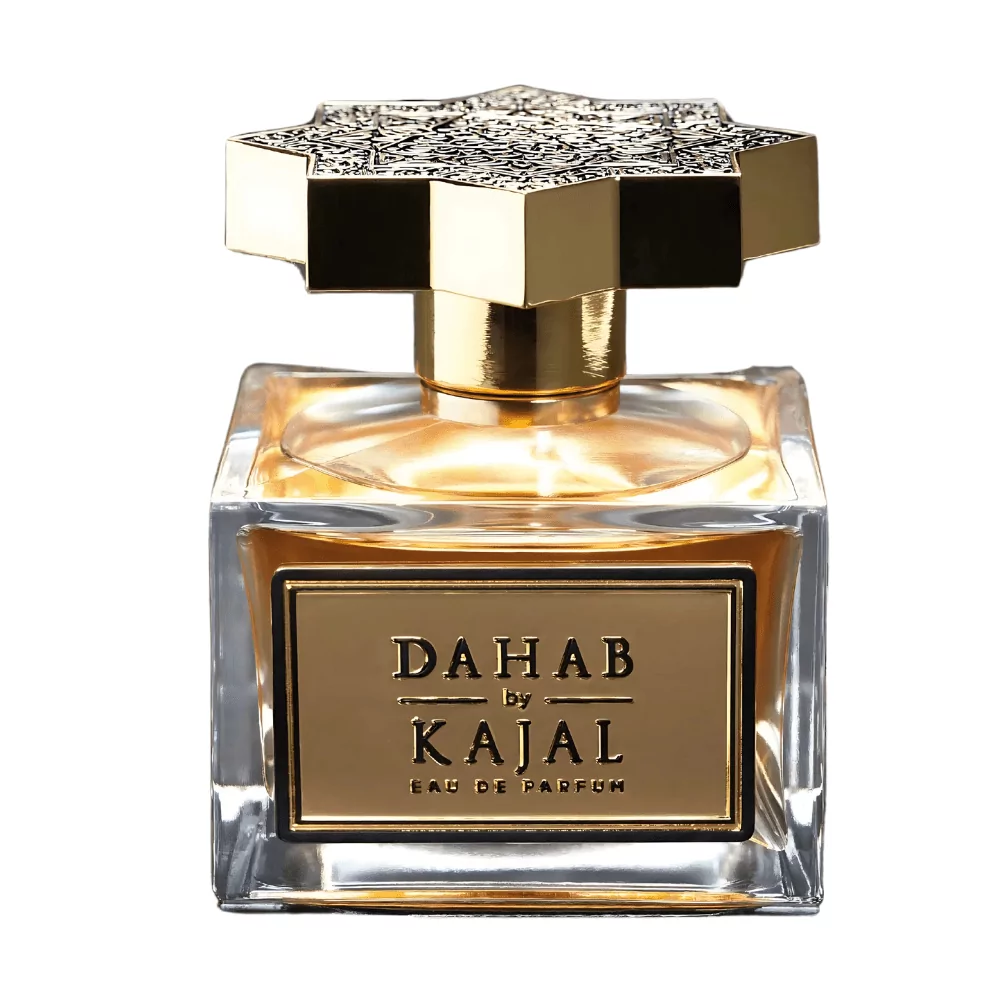 Kajal Dahab Edp 100Ml Bottle With A Golden Background, Highlighting Apple And Amber Notes.