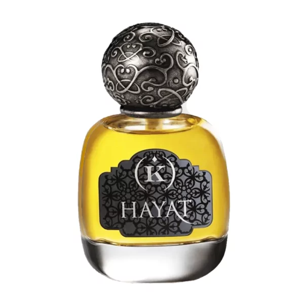 Kemi Blending Magic Hayat EDP 50ml bottle with a warm, rich background, highlighting cardamom and amber notes.