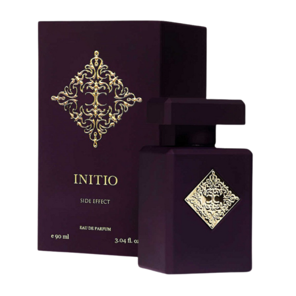 Initio Side Effect EDP 90ml bottle against a rich, warm background, highlighting rum and tobacco notes.