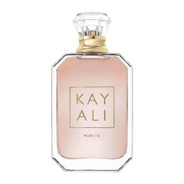 Kayali Musk 12 EDP 100ml bottle with a soft, floral background, highlighting vanilla and musk notes.