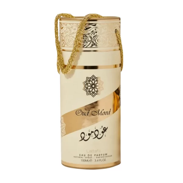 Lattafa Oud Mood EDP Unisex 100ml bottle with a warm, luxurious background, highlighting oud and caramel notes.