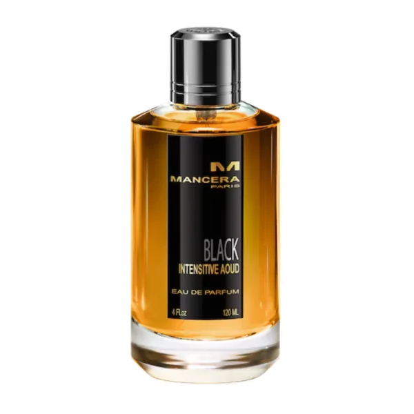 Mancera Black Intensitive Aoud EDP 120ml bottle with a bold, dark background highlighting rose and oud notes.