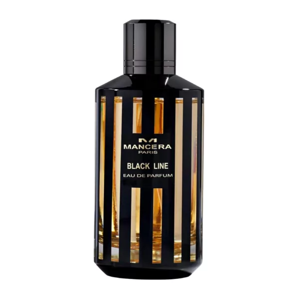 Mancera Black Line EDP 120ml bottle against a dark, elegant background, showcasing its amber and rose notes.