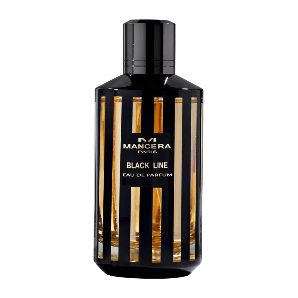 Mancera Black Line Edp 120Ml Bottle Against A Dark, Elegant Background, Showcasing Its Amber And Rose Notes.