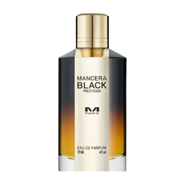 Mancera Black Prestigium EDP 120ml bottle on a dark background, highlighting its leather and oud fragrance notes.