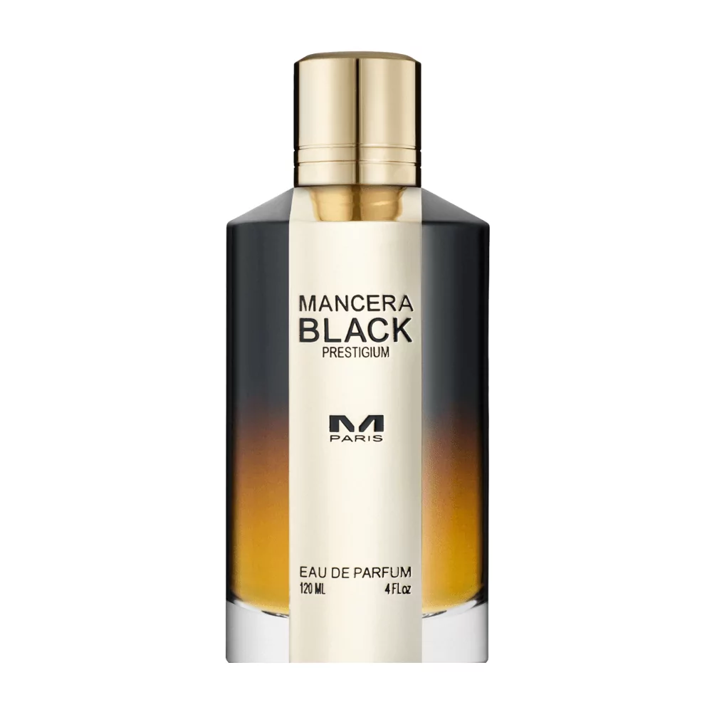 Mancera Black Prestigium Edp 120Ml Bottle On A Dark Background, Highlighting Its Leather And Oud Fragrance Notes.