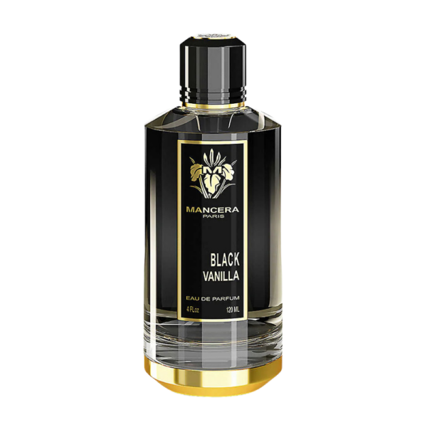 Mancera Black Vanilla EDP 120ml bottle with tropical background, emphasizing its vanilla, coconut, and floral notes.