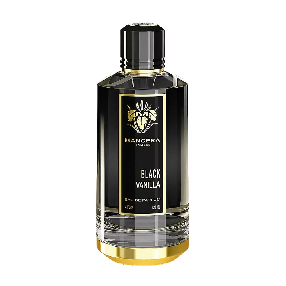 Mancera Black Vanilla Edp 120Ml Bottle With Tropical Background, Emphasizing Its Vanilla, Coconut, And Floral Notes.