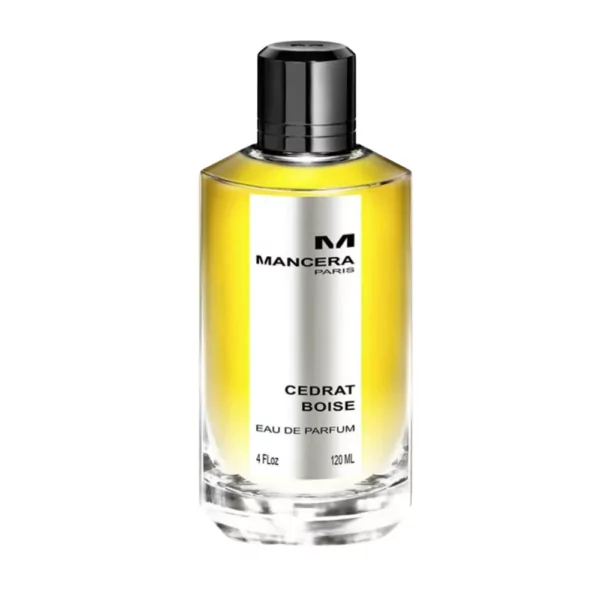 Mancera Cedrat Boise EDP 120ml bottle with a vibrant citrus background, highlighting its citrus and leather fragrance notes.