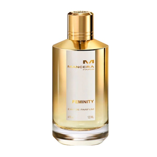 Mancera Feminity EDP 120ml bottle with a floral background, highlighting its jasmine and vanilla fragrance notes.