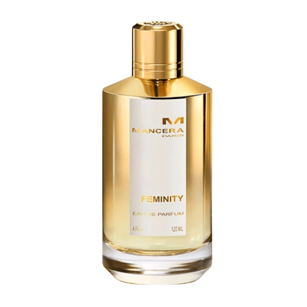 Mancera Feminity Edp 120Ml Bottle With A Floral Background, Highlighting Its Jasmine And Vanilla Fragrance Notes.