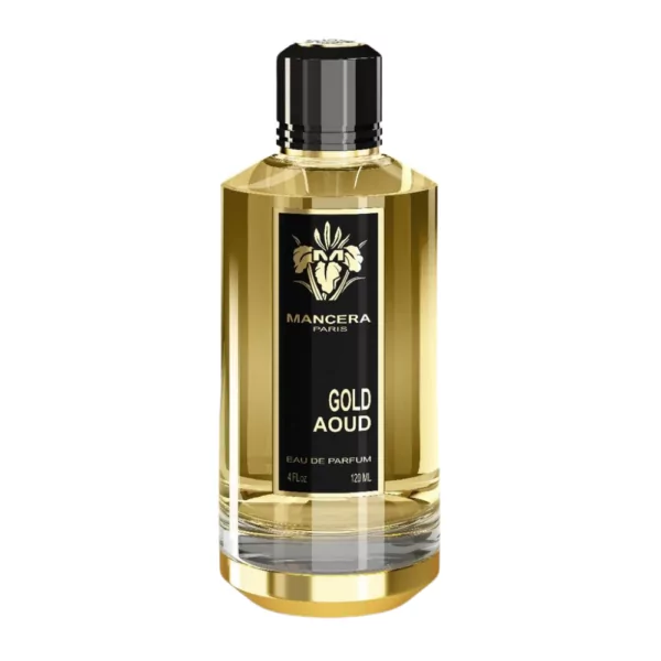 Mancera Gold Aoud EDP 120ml bottle with a luxurious background, highlighting saffron and oud fragrance notes.