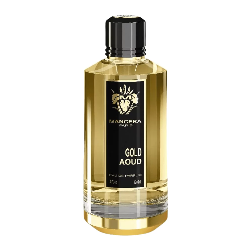 Mancera Gold Aoud Edp 120Ml Bottle With A Luxurious Background, Highlighting Saffron And Oud Fragrance Notes.