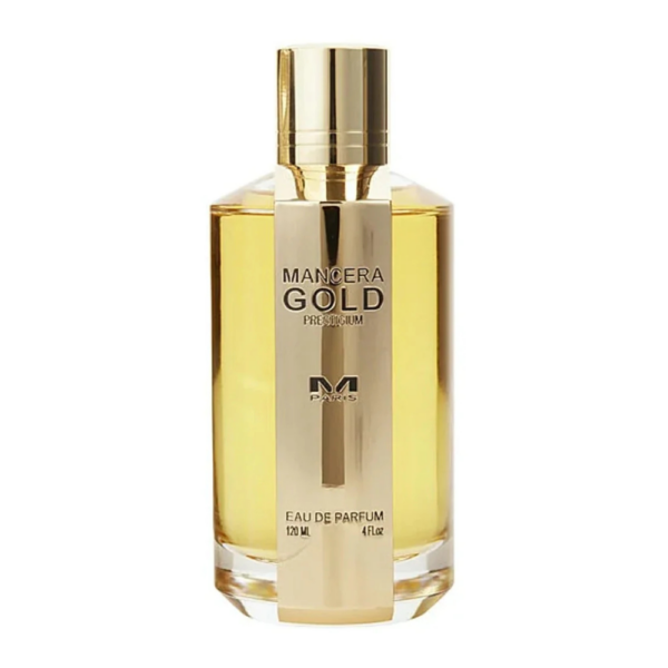 Mancera Gold Prestigium EDP 120ml bottle with an elegant dark background, highlighting oud and rose fragrance notes.