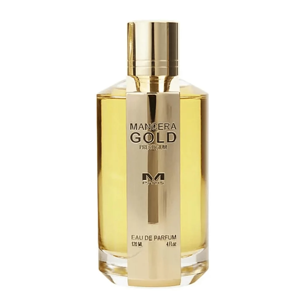 Mancera Gold Prestigium Edp 120Ml Bottle With An Elegant Dark Background, Highlighting Oud And Rose Fragrance Notes.