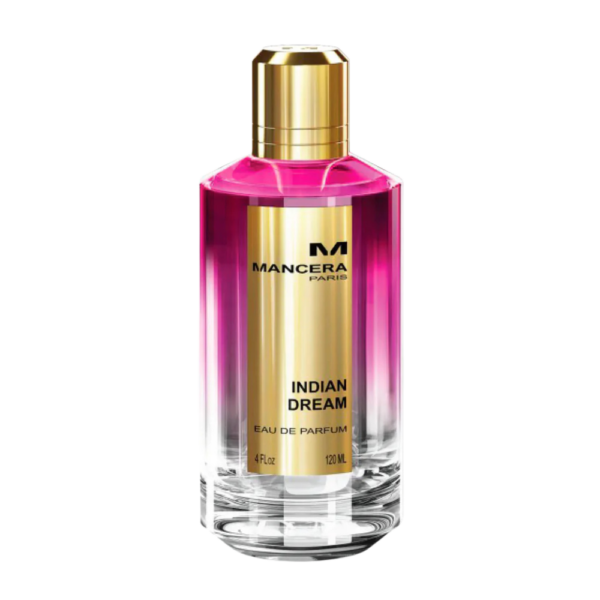 Mancera Indian Dream EDP 120ml bottle with floral background, highlighting its romantic jasmine and rose notes.