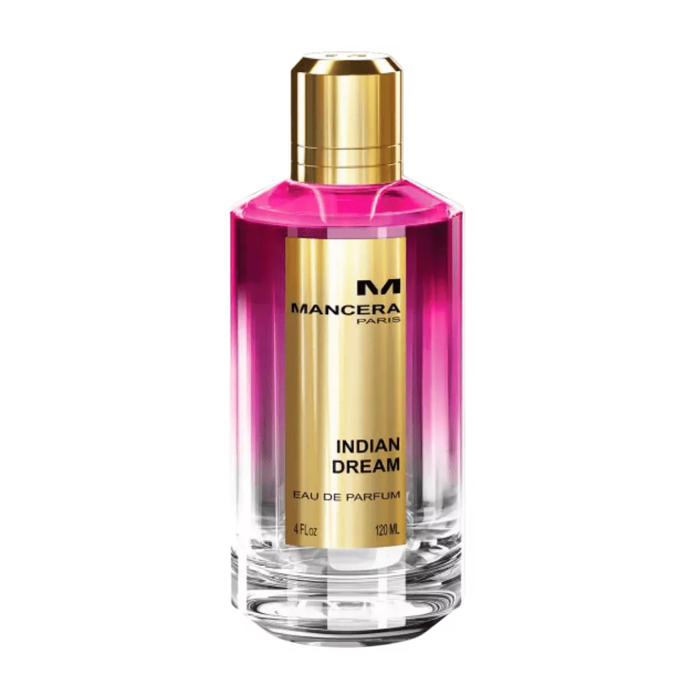 Mancera Indian Dream Edp 120Ml Bottle With Floral Background, Highlighting Its Romantic Jasmine And Rose Notes.