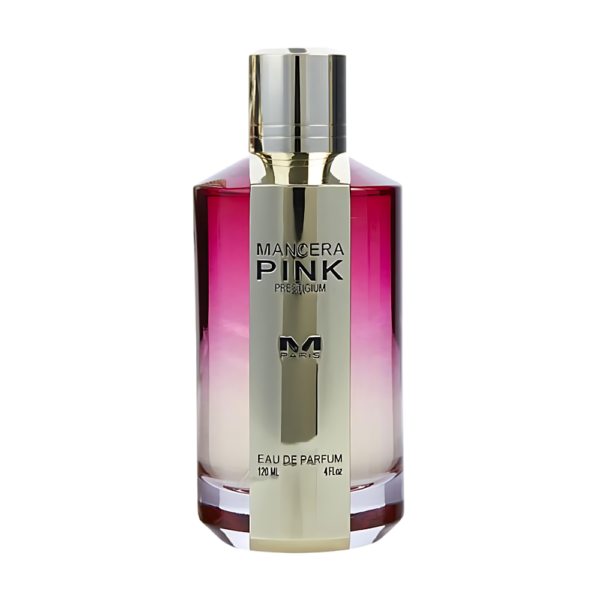 Mancera Pink Prestigium EDP 120ml bottle displayed with a floral background, highlighting its sweet blend of roses and juicy blackcurrant.