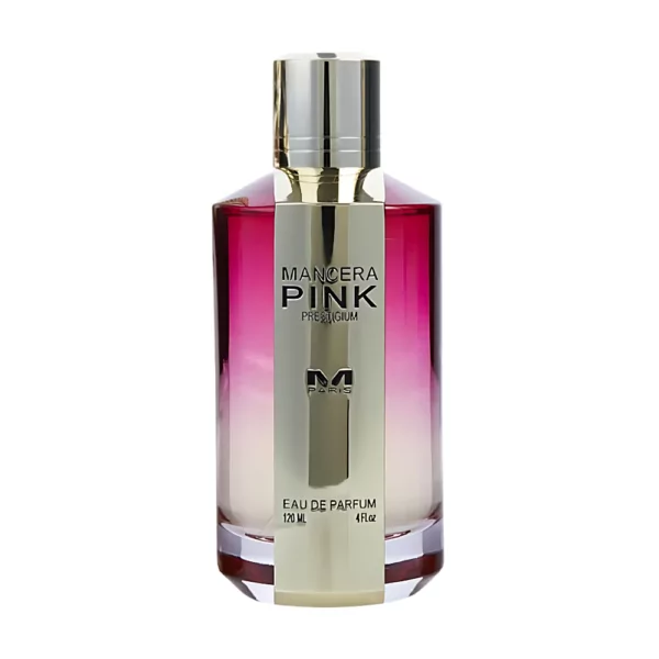 Mancera Pink Prestigium EDP 120ml bottle displayed with a floral background, highlighting its sweet blend of roses and juicy blackcurrant.