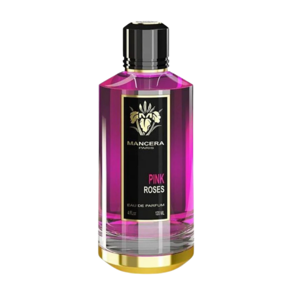 Mancera Pink Roses EDP 120ml bottle against a floral background, highlighting its rose and violet fragrance notes.