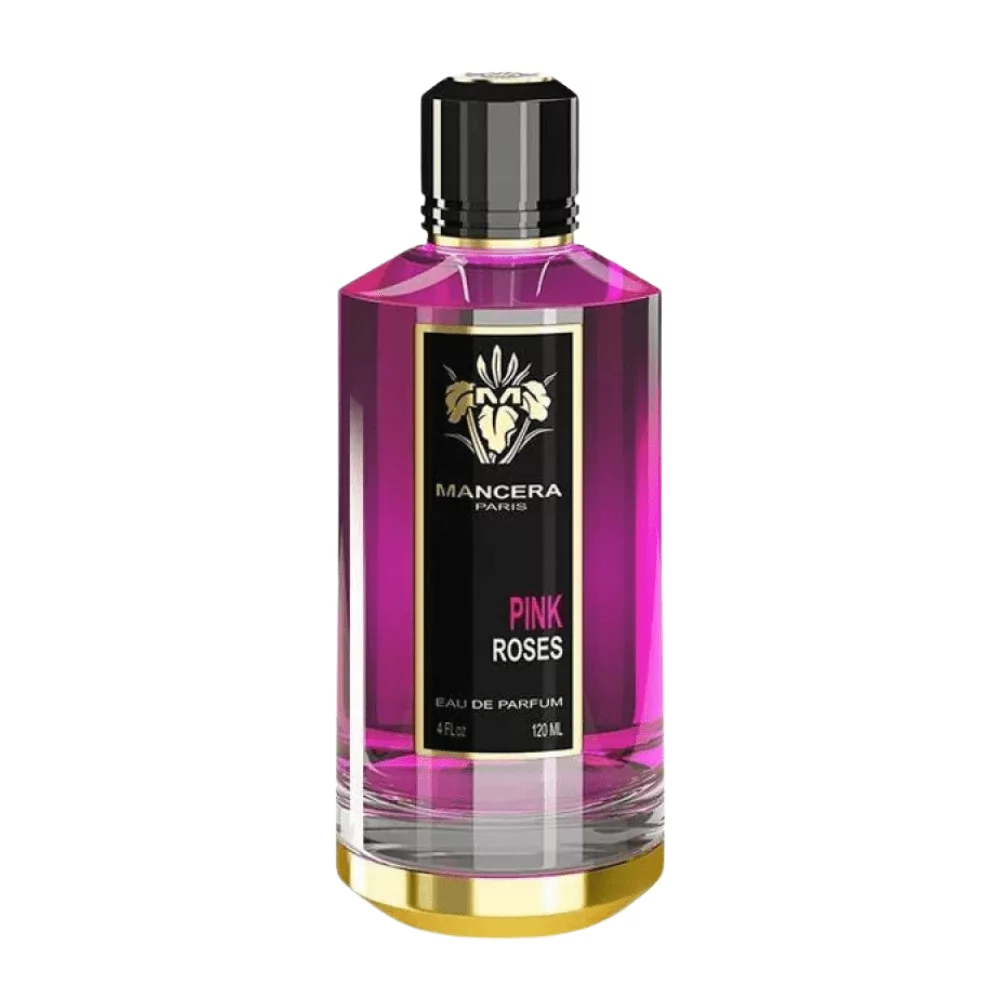 Mancera Pink Roses Edp 120Ml Bottle Against A Floral Background, Highlighting Its Rose And Violet Fragrance Notes.