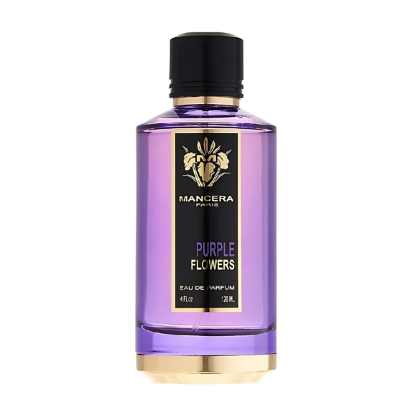 Mancera Purple Flowers EDP 120ml bottle with a luxurious floral background, highlighting its rose and cedarwood fragrance notes.