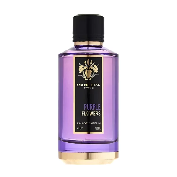 Mancera Purple Flowers EDP 120ml bottle with a luxurious floral background, highlighting its rose and cedarwood fragrance notes.