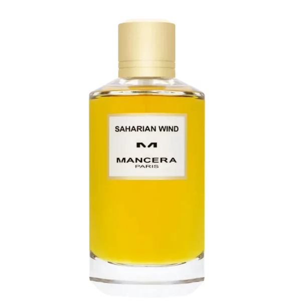 Mancera Saharian Wind Perfume EDP 120ml bottle with warm desert-inspired background, highlighting its rich, leather and spice fragrance profile.