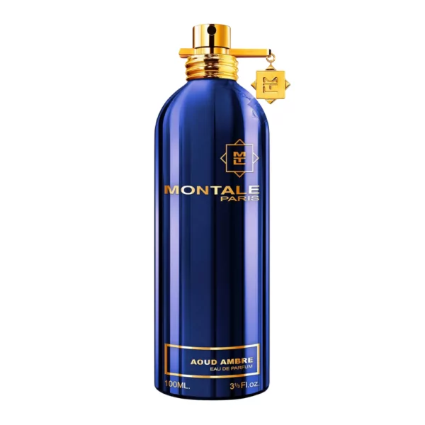 Montale Aoud Ambre EDP 100ml bottle with a rich, golden background, highlighting oud and amber notes.