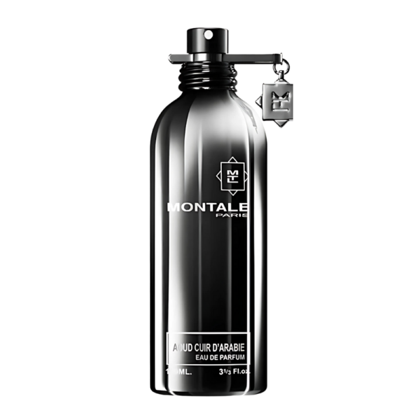 Montale Aoud Cuir d’Arabie EDP 100ml bottle with a bold background, highlighting leather and tobacco notes.