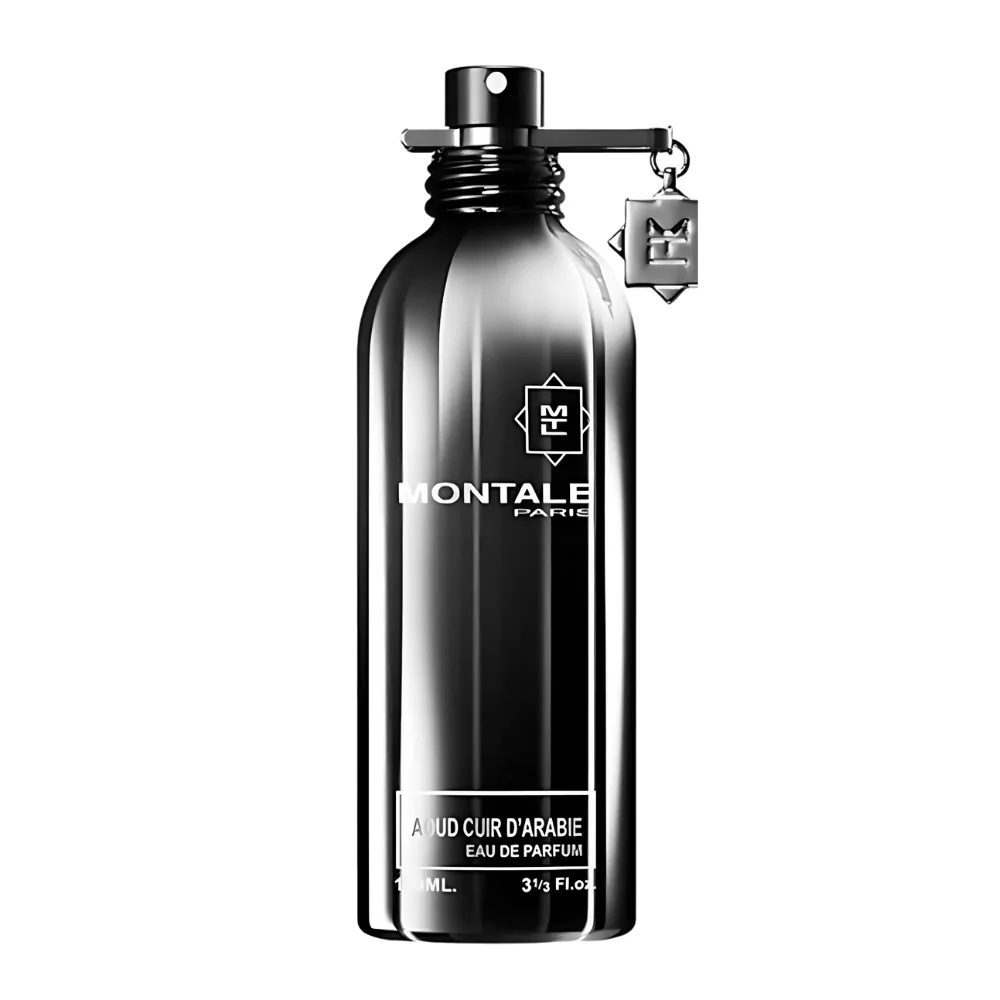 Montale Aoud Cuir D’arabie Edp 100Ml Bottle With A Bold Background, Highlighting Leather And Tobacco Notes.