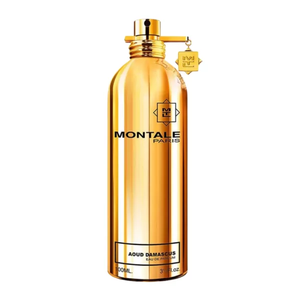 Montale Aoud Damascus EDP Women 100ml bottle with a luxurious, dark floral background, highlighting notes of rose and oud.