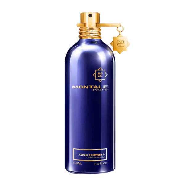 Montale Aoud Flowers EDP 100ml bottle with a warm, floral-woody background, highlighting rose and teak wood notes.