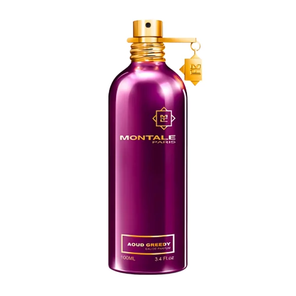 Montale Aoud Greedy EDP 100ml bottle with a rich, dark background, highlighting licorice and amber notes.