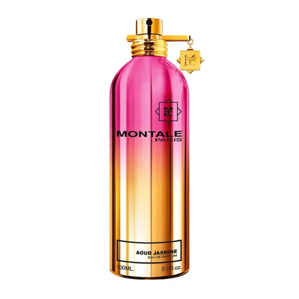 Montale Aoud Jasmine EDP 100ml bottle with a floral background, highlighting jasmine and oud notes.