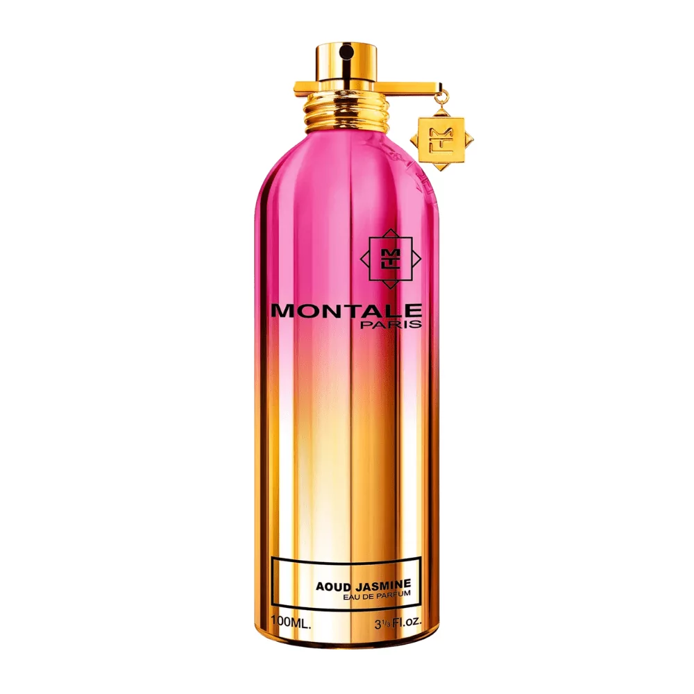 Montale Aoud Jasmine Edp 100Ml Bottle With A Floral Background, Highlighting Jasmine And Oud Notes.