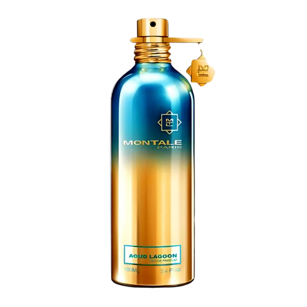 Montale Aoud Lagoon EDP Unisex 100ml bottle with a serene, floral background highlighting osmanthus and lotus.