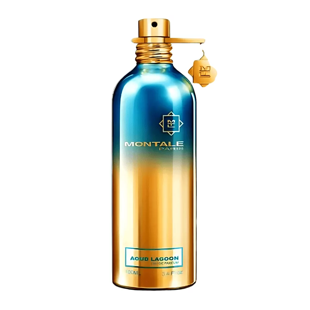 Montale Aoud Lagoon Edp Unisex 100Ml Bottle With A Serene, Floral Background Highlighting Osmanthus And Lotus.