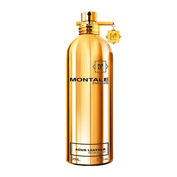 Montale Aoud Leather EDP 100ml bottle with a bold, spicy background, highlighting pepper and leather notes.